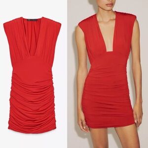 Zara NWT red plunging draped ruched mini dress asymmetrical with shoulder pads